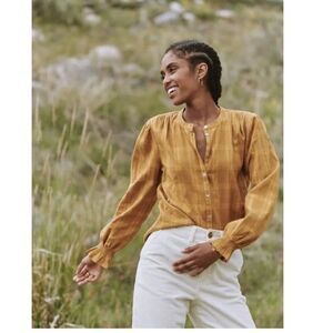 Faherty Harper Plaid Button Down Top Blouson Sleeves Ruffled Cuffs - Size Medium